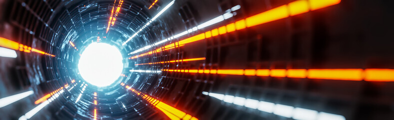 Moving light beams in sci-fi tunnel.,digital background.,3d model and illustration.
