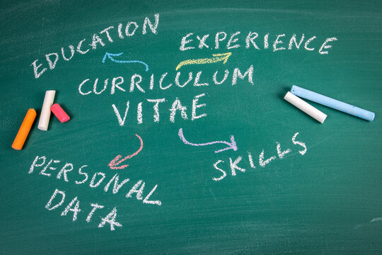 Curriculum Vitae. Education, Experiance and Skills concept. Text on a green chalkboard