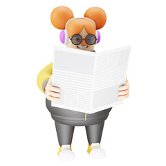 Cute 3D Funny Girl Cartoon Illustration reading a newspaper