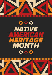 Native American Heritage Month in November. American Indian culture. Celebrate annual in United States. Tradition pattern. Poster, card, banner and background. Vector ornament, illustration