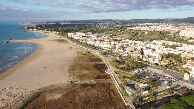 Aerial photo of Vilanova i la Geltru with view of beach on shore of Mediterranean Sea. 