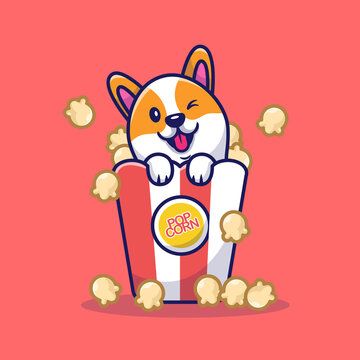 Cute Corgi Dog With Popcorn Cartoon Vector Icon Illustration. Animal Food Icon Concept Isolated Premium Vector. Flat Cartoon Style
