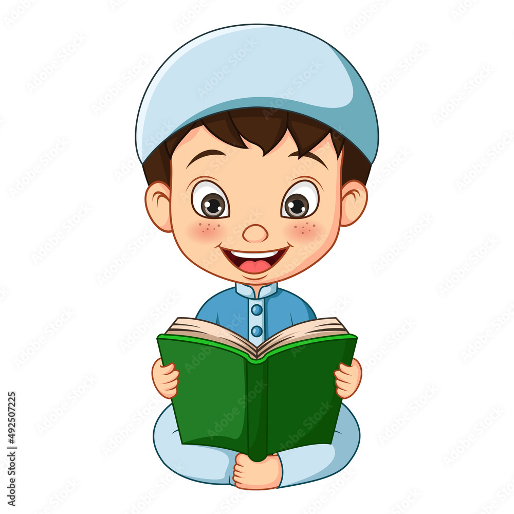 Wall mural cartoon muslim boy reading quran