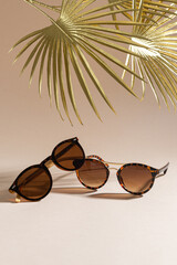 Two pairs of women sunglasses on beige background with golden palm leaves. Minimalism, summer...