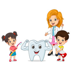 Cartoon little children with dentist and strong tooth
