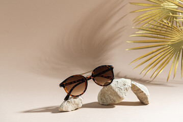Trendy sunglasses still life in minimal stile. Womens Tortoiseshell frame sunglasses on beige...