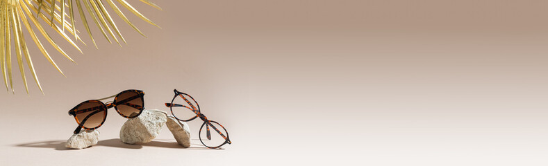 Optic store advertisement banner. Clear Eyeglasses Glasses with plastic Frame and trendy sunglasses...