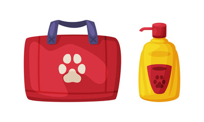 Pet first ad kit and cosmetic bottle. Supplies for domestic animals set cartoon vector illustration