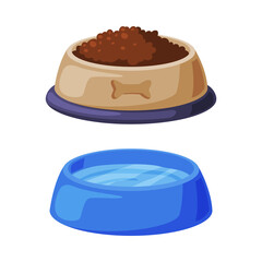 Bowl of dry food and water. Pet animals feeding concept cartoon vector illustration