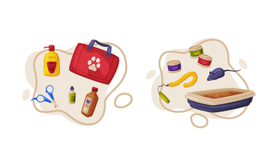Fototapeta premium Pet animals stuff. Cat and dog care supplies and accessories set cartoon vector illustration