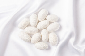 Fototapeta na wymiar The silkworm cocoon on white silk fabric.