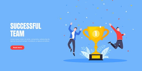 Employee recognition or proud workers of the month business concept flat style design vector illustration. Young adult people jump in the air with trophy cup.