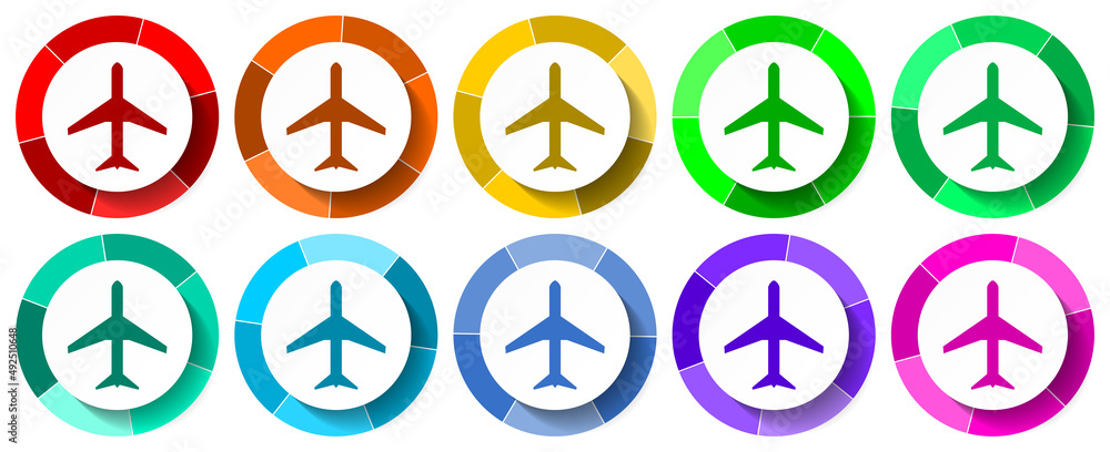 Poster plane, airplane icon set, travel flat design vector illustration in 10 colors options for mobile app