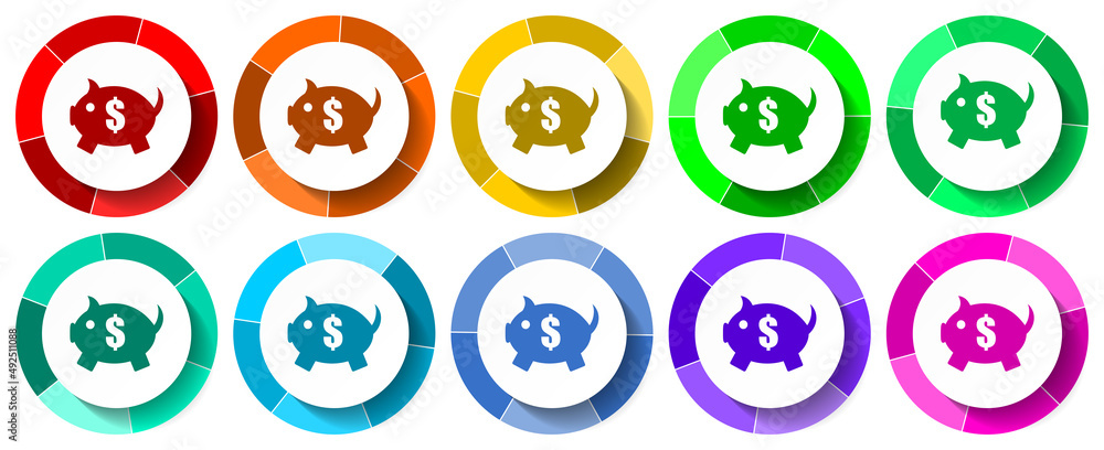 Leinwandbilder piggy bank icon set, business flat design vector illustration in 10 colors options for mobile applic