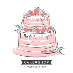 Cake shop logo. Сakedecorated with berries. Vector illustration on white background for menu, recipe book, baking shop, cafe, restaurant.