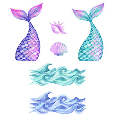 Watercolor mermaid tails bright colorful birthday girl © Vilena