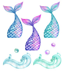 Watercolor mermaid tails bright colorful birthday girl © Vilena
