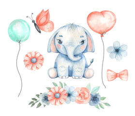 watercolor elephant children's illustration birthday balloons flowers butterfly