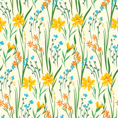 Seamless pattern with wildflowers, leaves, herbs on a white background. Spring floral print with hand drawn meadow flowers. Botanical backdrop with natural composition from field of plants. Vector.