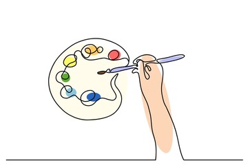 Colorful multi-colored palette, brush for drawing drawn with one line. Isolated on white background. Vector