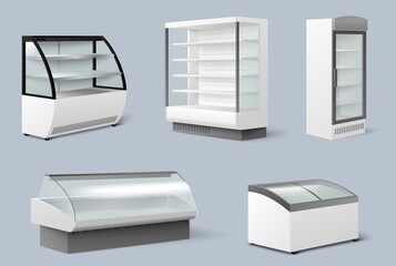 Commercial display refrigerator mockup set, vector illustration. Empty retail fridge for supermarket or grocery store.