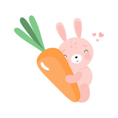 Cute Rabbit with carrot. Cartoon style. Vector illustration. For kids stuff, card, posters, banners, children books, printing on the pack, printing on clothes, fabric, wallpaper, textile or dishes.