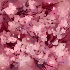 Floral spring blurred background with blooming apple tree branches in pastel pink colors