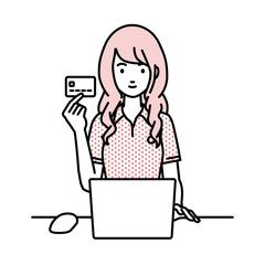 デスクで座ってPCを使いながらクレジットカードを手に持っているポロシャツの女性
