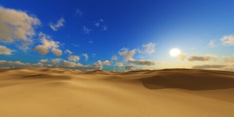 Fototapeta na wymiar Yellow blue landscape of beautiful sand desert under sky with clouds at sunset, 3d rendering