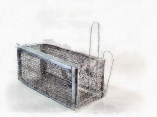 Iron mousetrap on a white background watercolor style illustration impressionist painting.