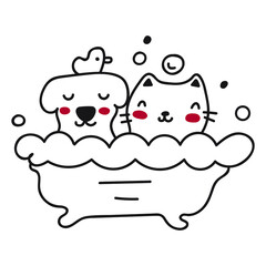 Cat dog and duck taking a bath. Vector outline illustration on white background.