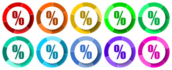 Sale icon set, percent flat design vector illustration in 10 colors options for mobile applications and webdesign
