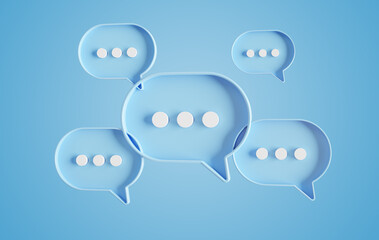 Minimalist blue speech bubbles talk icons floating over background. Modern conversation or social media messages with shadow. 3D rendering