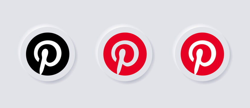 pinterest logo icon in red circle button and white neumorphism buttons for social media icons logos, popular network platform logo in neumorphic style