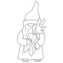 Easter funny gnome with carrot. Doodle hand drawn illustration black outline. Great for greeting cards, coloring books.