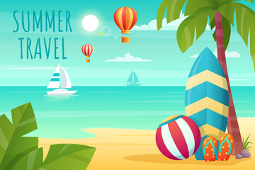 Summer tropical beach with surfboard, ball, flip flops, palm and yacht. Summer holidays and beach vacation concept. Vector illustration.