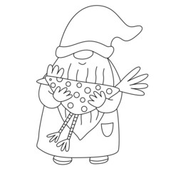 Easter funny gnome with a hen. Doodle hand drawn illustration black outline. Great for greeting cards, coloring books.