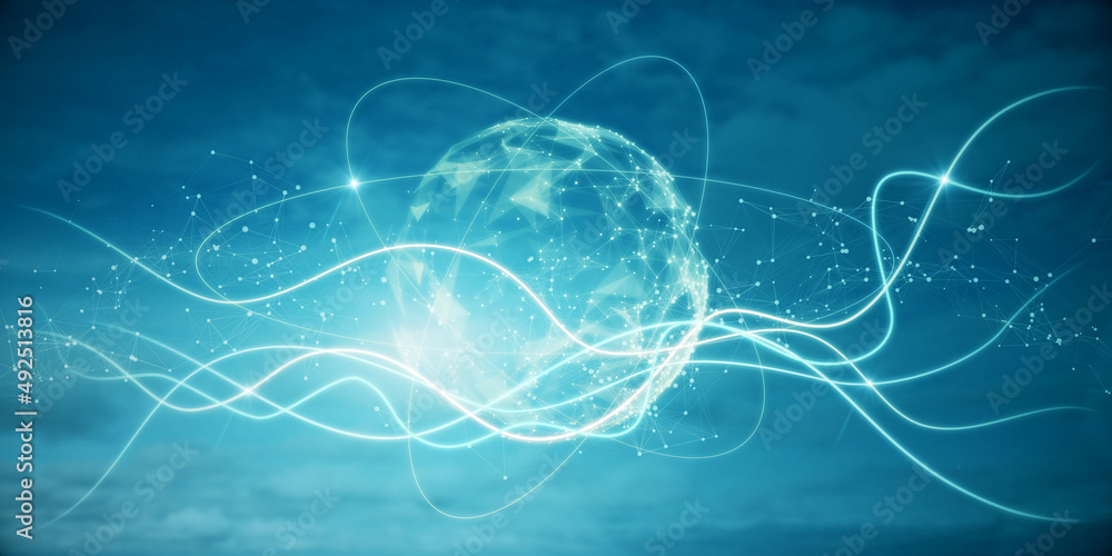 Poster abstract polygonal sphere on blue background. metaverse and future concept. 3d rendering.