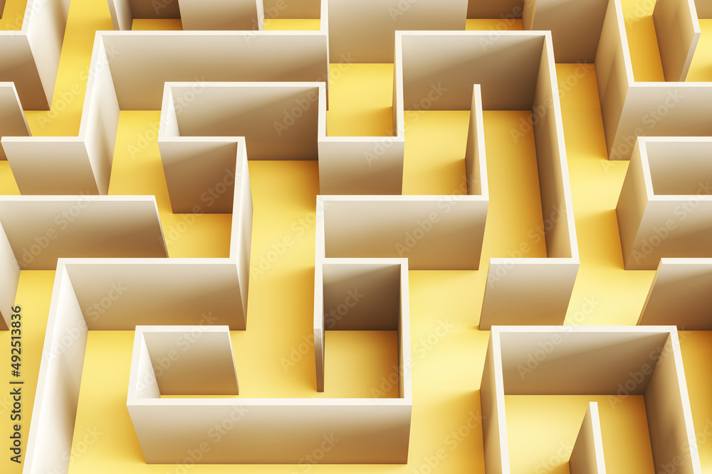 Poster creative yellow maze background. solution, way out and challenge concept. 3d rendering.
