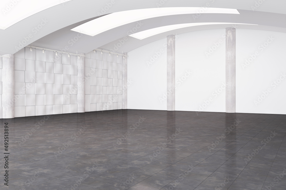 Poster modern spacious white hangar interior with clean mock up place on wall. space and design concept. 3d