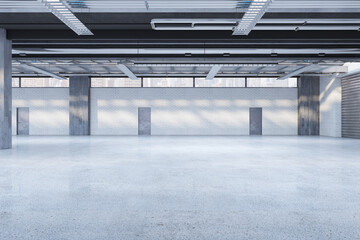 Modern spacious concrete warehouse garage interior. Space and design concept. 3D Rendering.