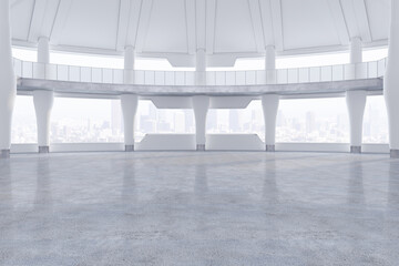 Modern spacious round warehouse interior with bright window and city view. Space and design concept. 3D Rendering.