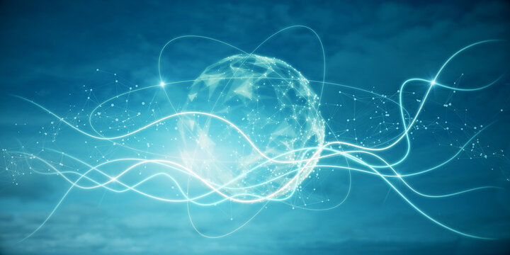 Abstract polygonal sphere on blue background. Metaverse and future concept. 3D Rendering.