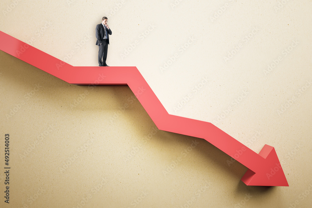 Poster businessman standing on abstract red downward chart arrow on light background. down, drop, finance a