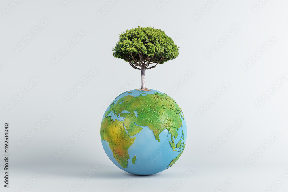Poster abstract globe with tree on white background. world, earth, ecology and planet concept. 3d rendering