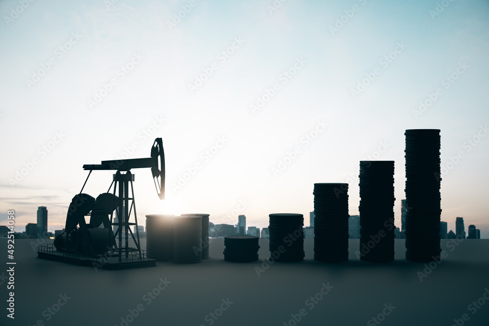 Poster growing backlit oil price chart on sky background with mock up place. up, gas and petrol concept. 3d