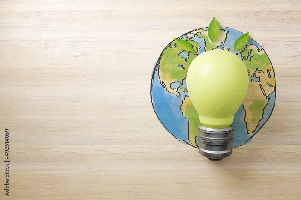 Aufkleber Abstract green lamp on wooden background with mock up place and globe sketch. Energy and save concept. 3D Rendering.