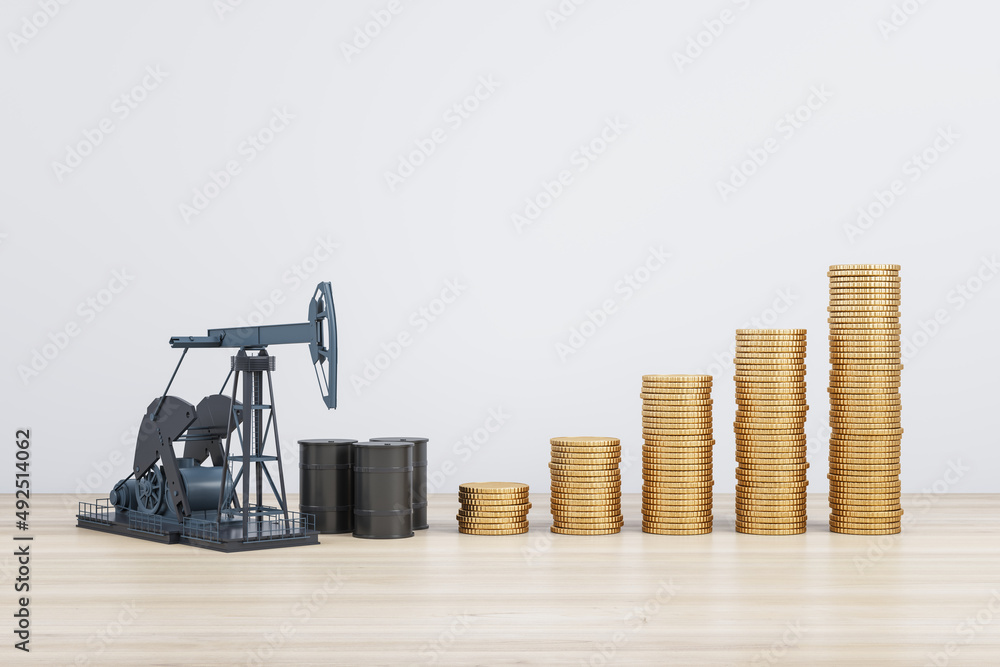 Poster growing oil price coin chart on white background with mock up place. up, gas and petrol concept. 3d 