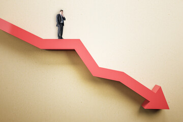 Businessman standing on abstract red downward chart arrow on light background. Down, drop, finance and crisis concept. Mock up place.