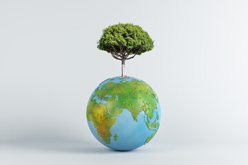 Abstract globe with tree on white background. World, earth, ecology and planet concept. 3D Rendering.